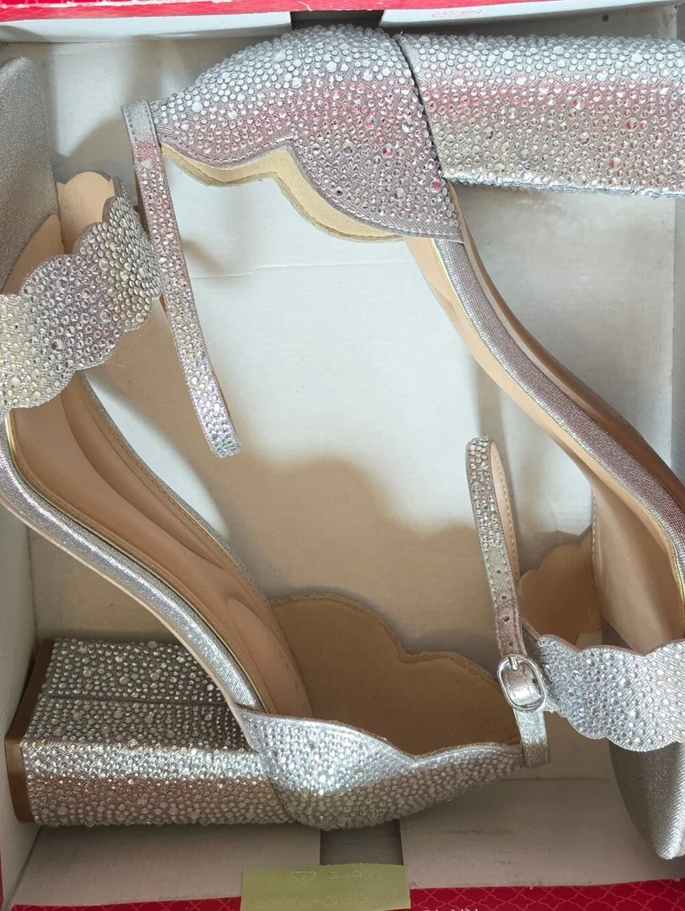 Kelly & Katie Silver Scalloped Ankle-Strap Wide Width Block Heels